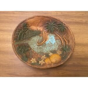 Vintage 1958 Island‎ Tropical Wall Plaque Sailboat Palms Lemons 12” Mid-Century